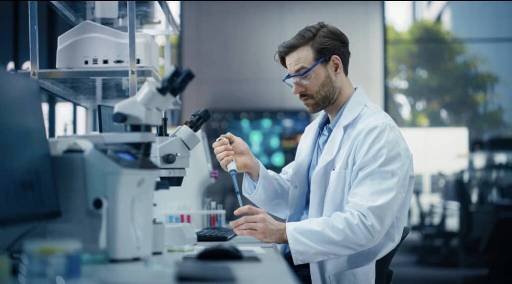 Modern laboratory with microscope, glassware, and scientific equipment representing PureChemsLab's laboratory solutions and research